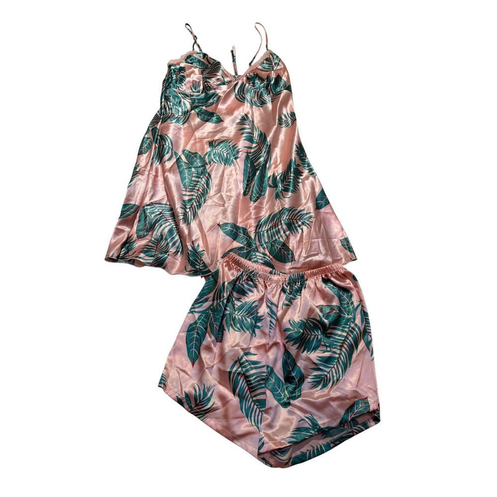 Women's Sz Medium Pajama Set Sleeveless Light Pink Green Palm Print Satin V-Neck